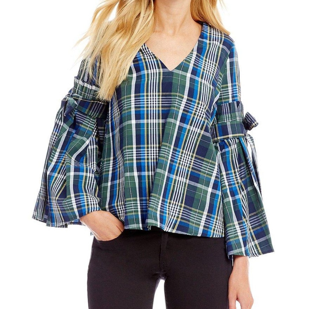 *Gianni Bini Serena Bell Tie Sleeve Plaid Top